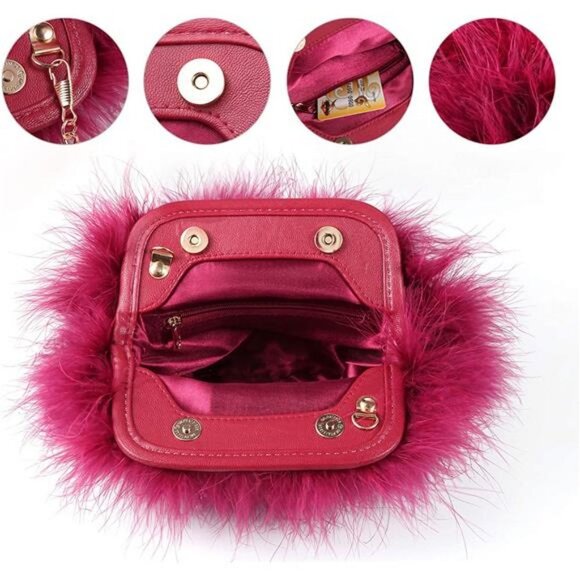 Women Marabou Feather Clutch Bag Evening Handbag with Detachable Chain Strap - Picture 2 of 7